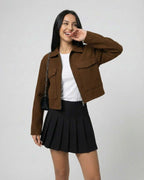 Sahara Jacket by Lauven, women’s brown jacket with polo collar, stylish and versatile for any occasion.