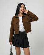 Sahara Jacket by Lauven – Women's brown jacket with polo collar, featuring clean lines and versatile styling.