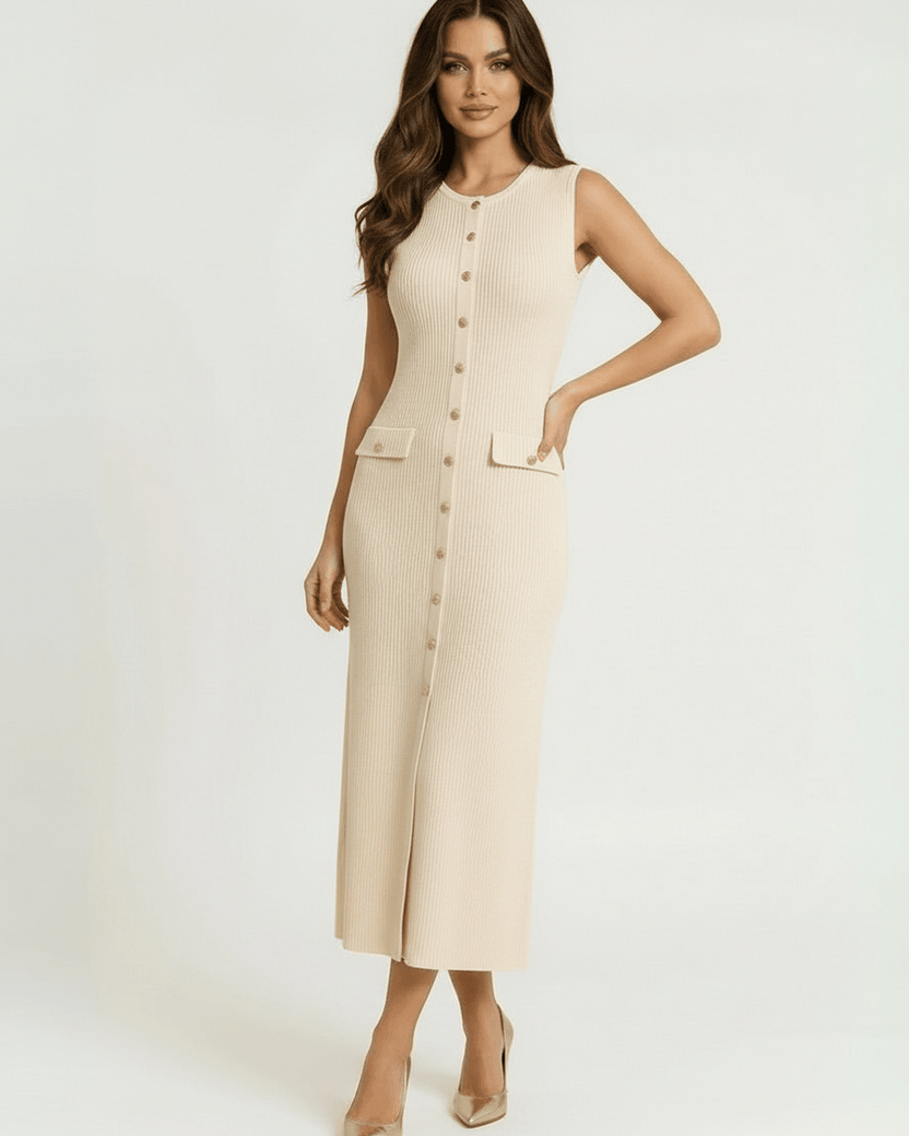 Sahara Midi Dress by Lauven – Women’s beige sleeveless ribbed knit design with button front for a sophisticated look.