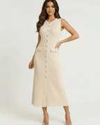 Sahara Midi Dress by Lauven - women’s beige sleeveless ribbed knit dress with button front, polished and modern style.