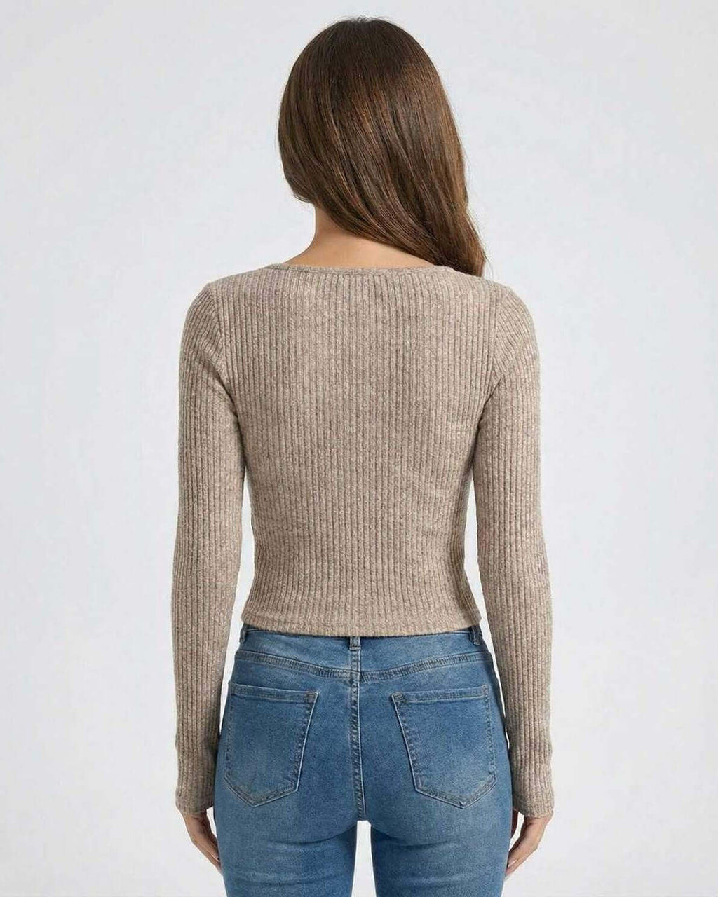 Back view of Sahara Pullover by Lauven, showcasing women's ribbed U-neck long sleeve sweater in soft neutral tone.