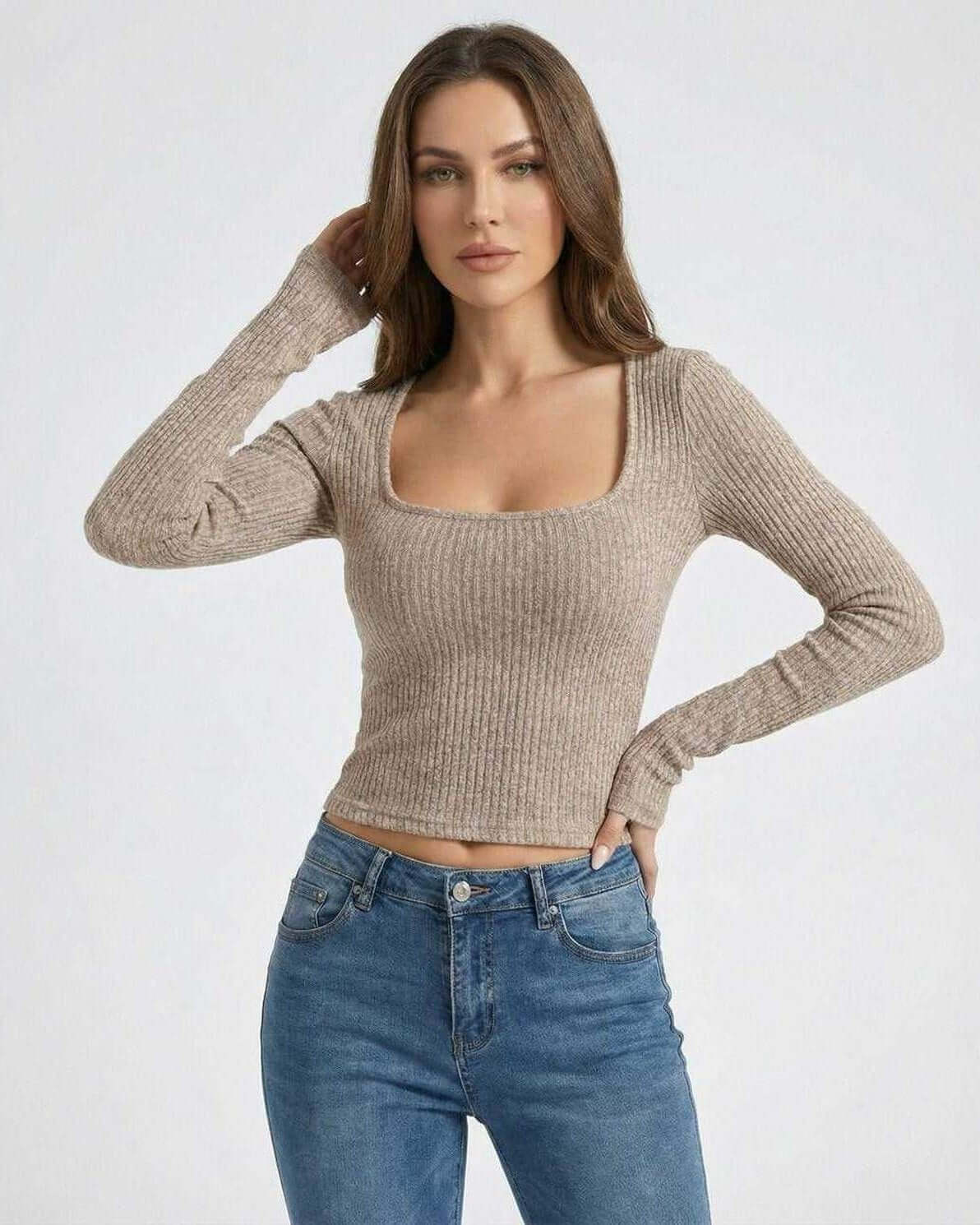 Sahara Pullover by Lauven, women's ribbed U-neck long sleeve sweater in neutral tone.