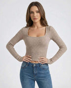 Sahara Pullover by Lauven, women’s ribbed U-neck long sleeve sweater in a soft neutral tone, perfect for everyday styling.