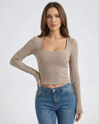 Sahara Pullover by Lauven - Women’s Ribbed U-Neck Long Sleeve Sweater in neutral tone with slim fit.
