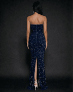 Sapphire Maxi Dress by Lauven, showing the elegant back view with sequins and a thigh-high slit.
