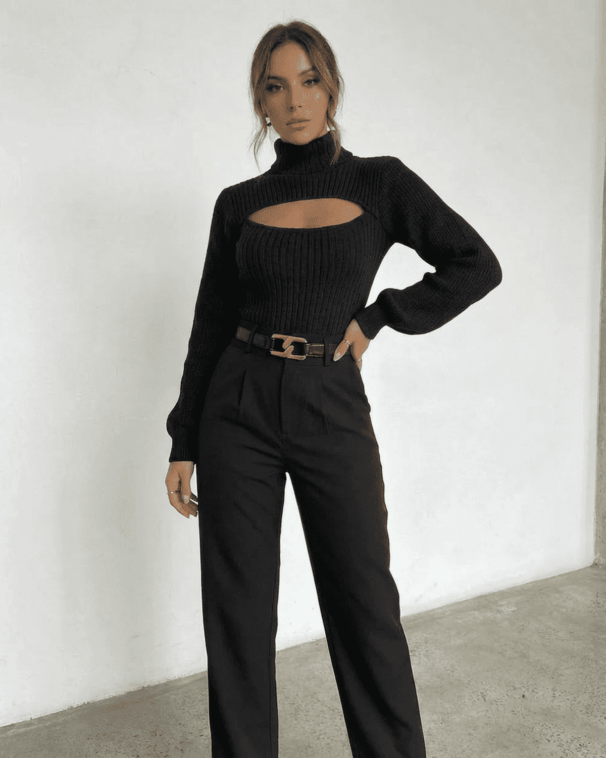 Sarina Sweater by Lauven - Chic black hollow out mock neck slim fit sweater styled with high-waisted pants.