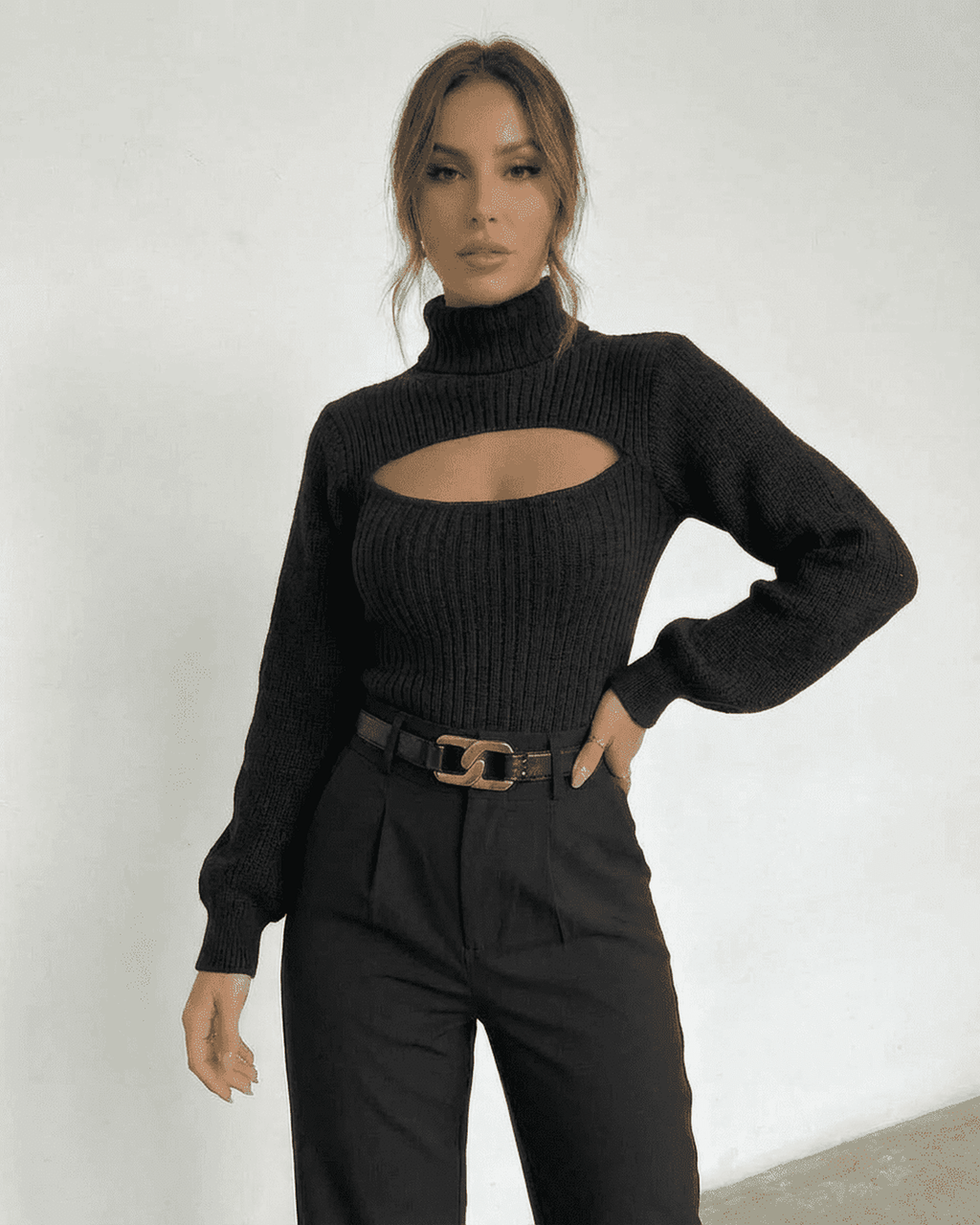 Sarina Sweater by Lauven - Chic black hollow out mock neck slim fit sweater for modern elegance.
