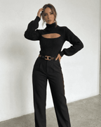Sarina Sweater by Lauven - Chic hollow out mock neck sweater in black paired with stylish high-waisted trousers.