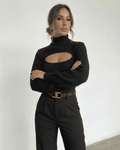 Sarina Sweater by Lauven - Chic black hollow out mock neck sweater styled with trousers.