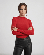 Scarlet Blouse by Lauven — Long sleeve sequin blouse in bold red with a round neck, offering a sleek slim fit and comfortable feel.