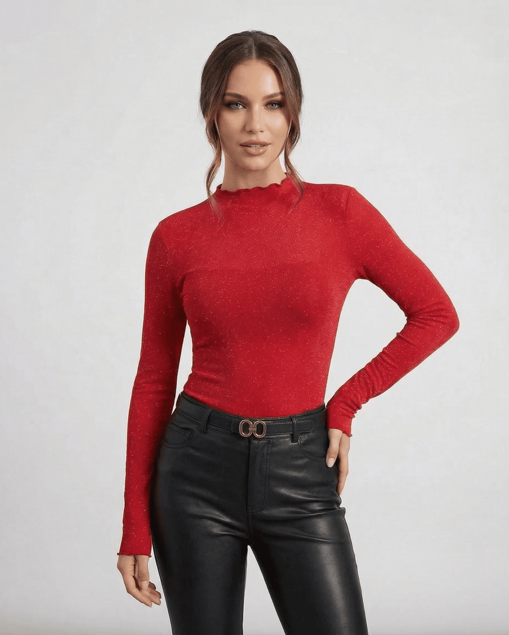 Scarlet Blouse by Lauven - Long sleeve red sequin blouse with round neck and slim fit for elegant styling.