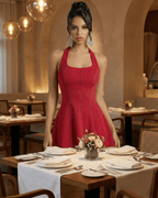 Scarlet Mini Dress by Lauven featured in a refined dining setting with a flared silhouette and smooth finish.