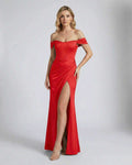 Scarlett Maxi Dress by Lauven - Off-shoulder red gown with corset bodice and thigh-high slit.
