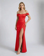 Scarlett Maxi Dress by Lauven - Off-shoulder red gown with corset bodice and thigh-high slit.