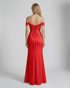 Scarlett Maxi Dress by Lauven, showcasing off-shoulder design and elegant lace-up back in striking red.