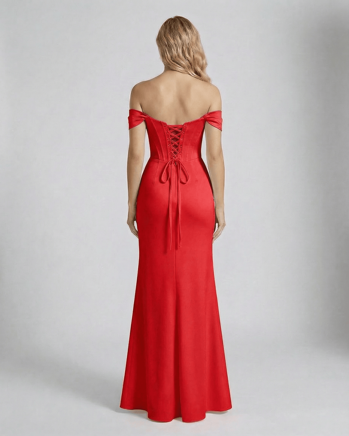 Scarlett Maxi Dress by Lauven, showcasing off-shoulder design and elegant lace-up back in striking red.