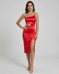 Scarlett Midi Dress by Lauven - One-Shoulder Satin Silhouette with Sculpted Cutout in a bold red design.