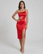 Scarlett Midi Dress by Lauven - One-Shoulder Satin Silhouette with Sculpted Cutout in a bold red design.