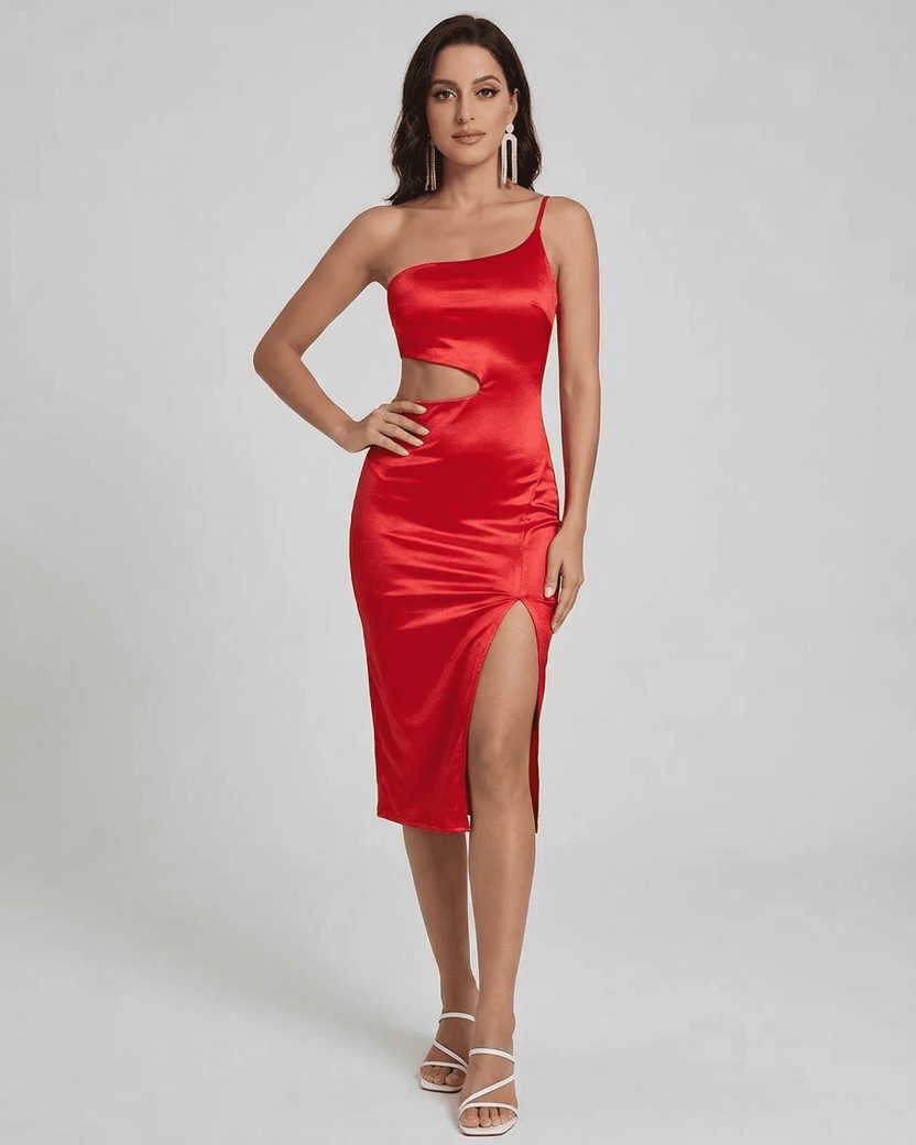 Scarlett Midi Dress by Lauven - One-Shoulder Satin Silhouette with Sculpted Cutout in a bold red design.