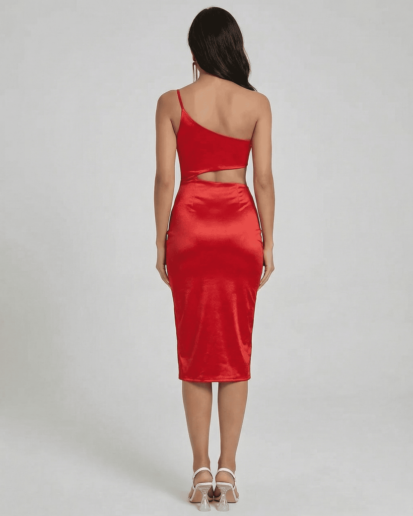 Scarlett Midi Dress by Lauven, showcasing the back view of the one-shoulder satin design with sculpted cutout.