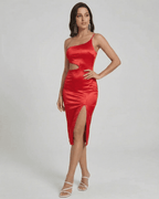 Scarlett Midi Dress by Lauven - One-Shoulder Satin design featuring sculpted cutout and high-slit detail for an elegant look.