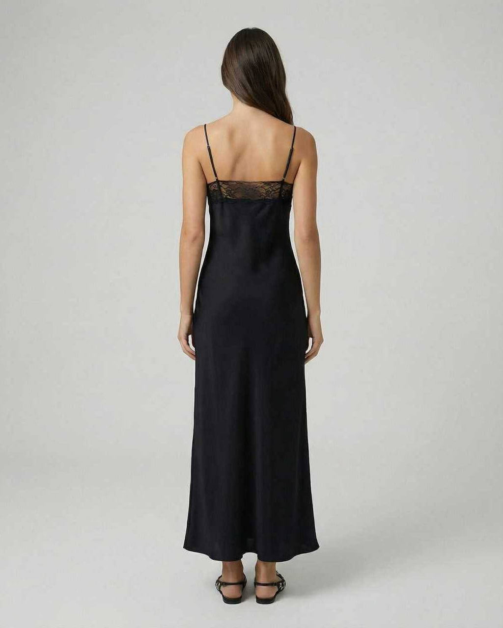 Selene Maxi Dress by Lauven, showcasing the elegant back view of the lace-trimmed spaghetti strap design.