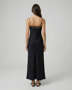 Selene Maxi Dress by Lauven, showcasing the elegant back view of the lace-trimmed spaghetti strap design.