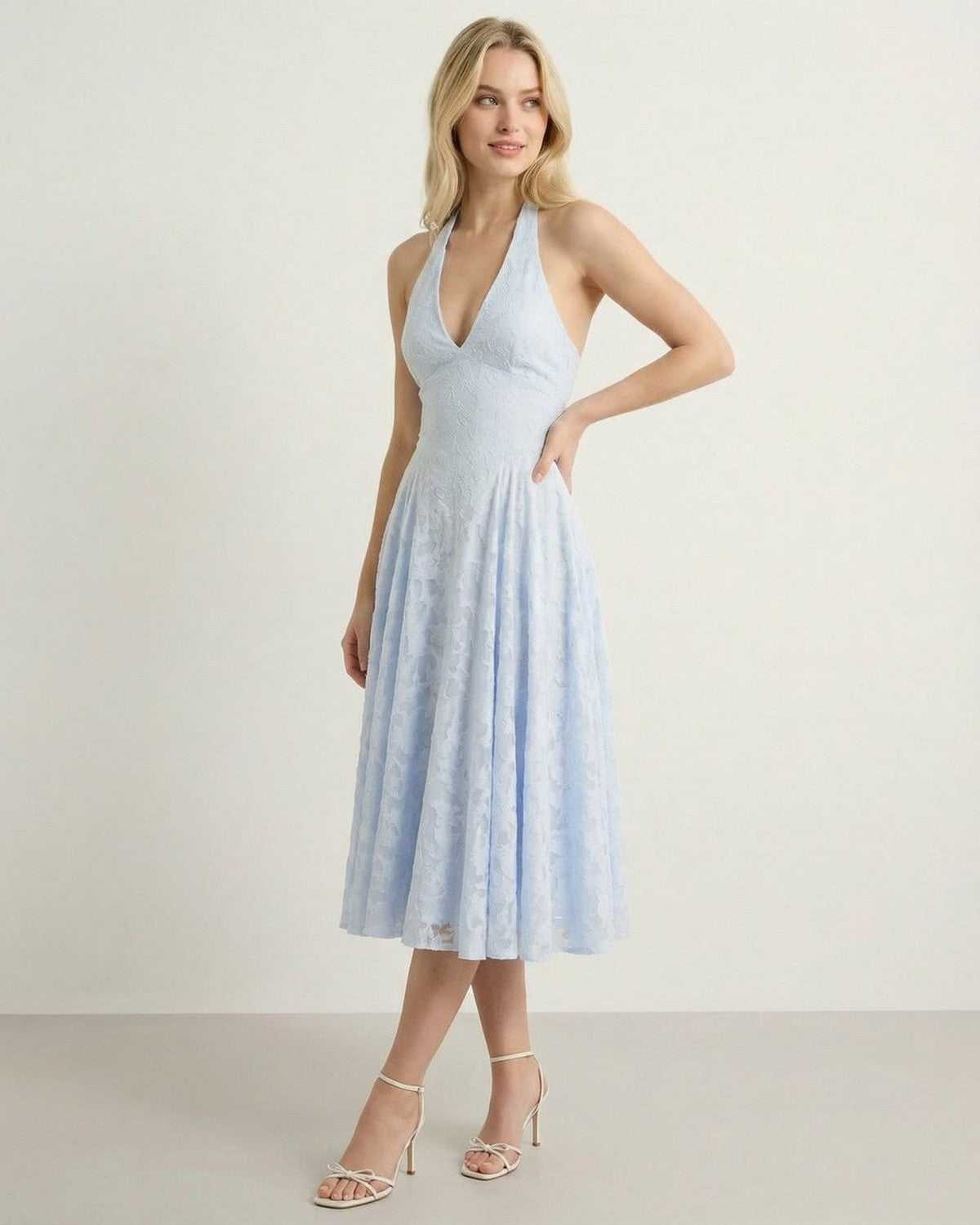 Selene Midi Dress by Lauven featuring a halter neck design and A-line silhouette in soft blue jacquard texture.