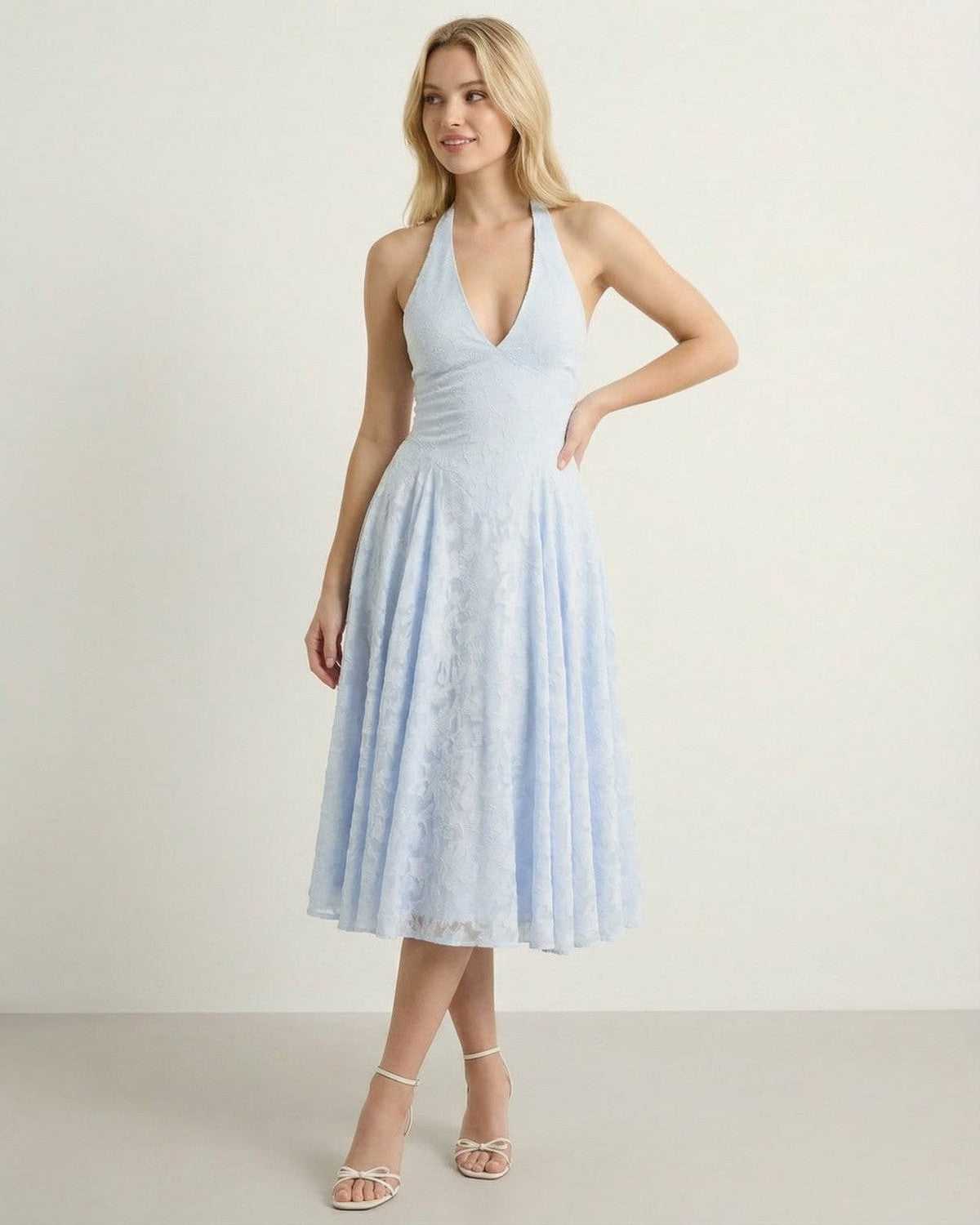 Selene Midi Dress by Lauven in soft blue, featuring A-line silhouette and halter neck design.