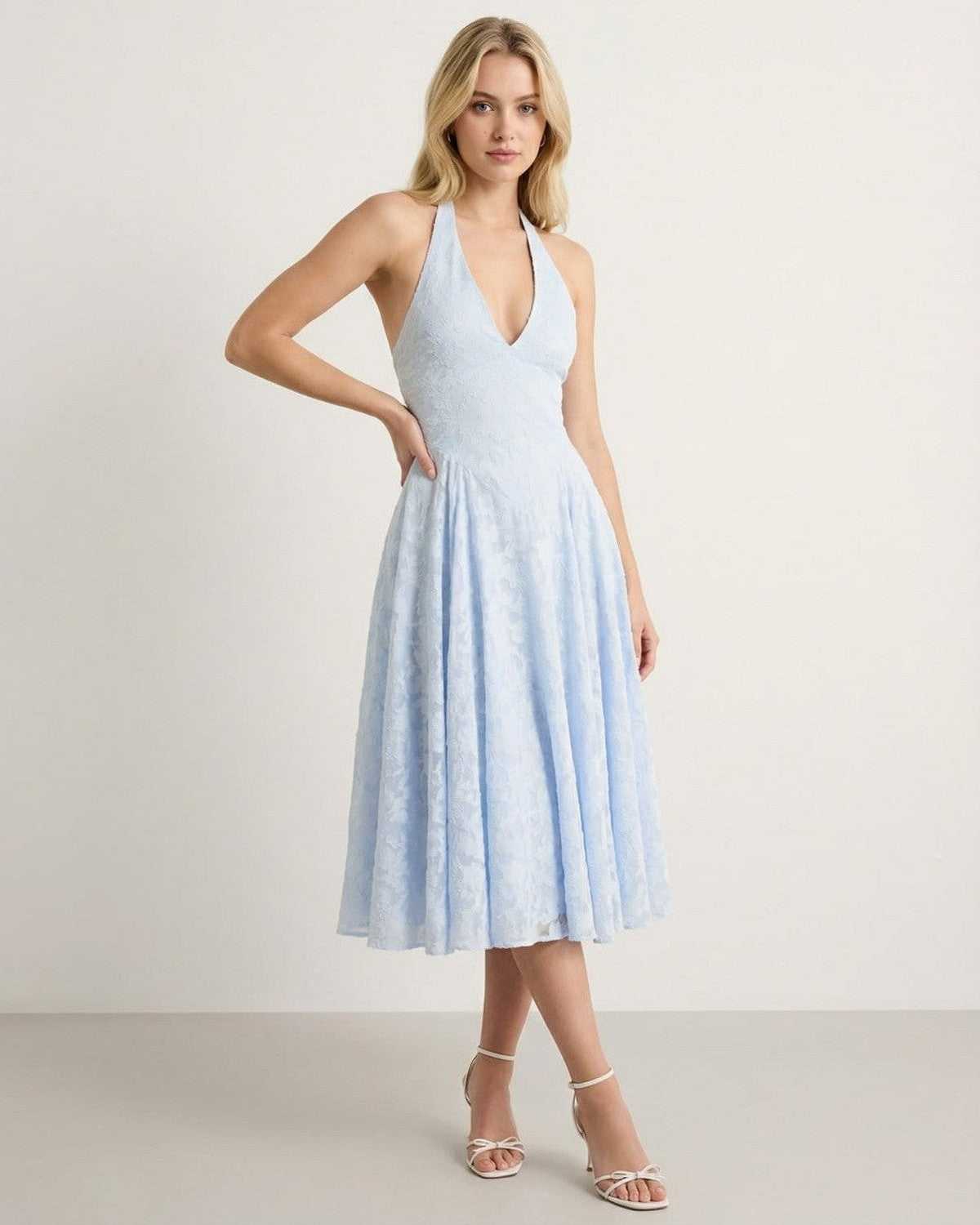 Selene Midi Dress by Lauven, elegant A-line silhouette in soft jacquard fabric, perfect for modern occasionwear.