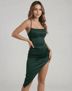 Selene Midi Dress by Lauven — Elegant green satin bodycon with pleating for special occasions.