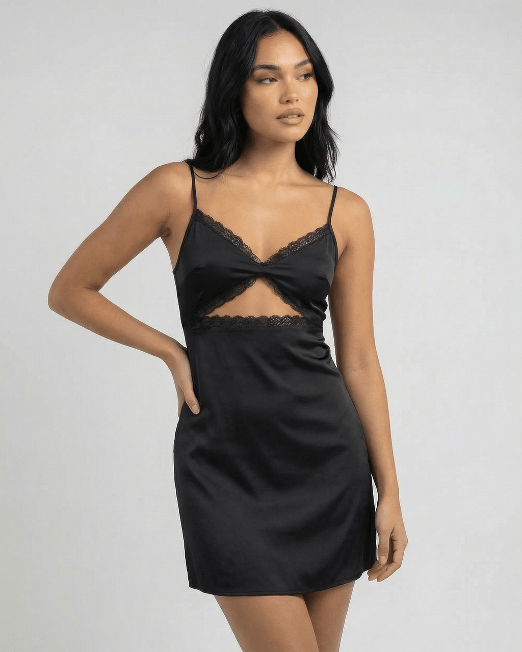 Selene Mini Dress by Lauven, black lace trim spaghetti strap mini dress with a sleek fit and vintage-inspired detailing.