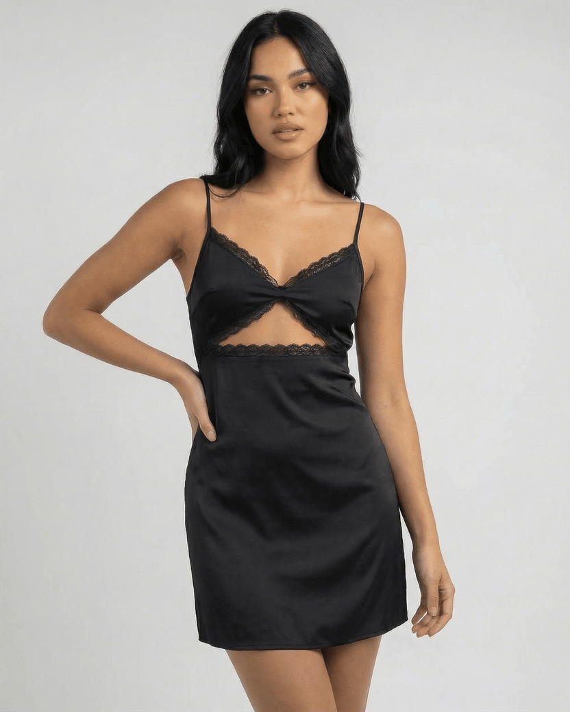 Selene Mini Dress by Lauven - Black lace trim spaghetti strap mini dress with stylish cutout design.