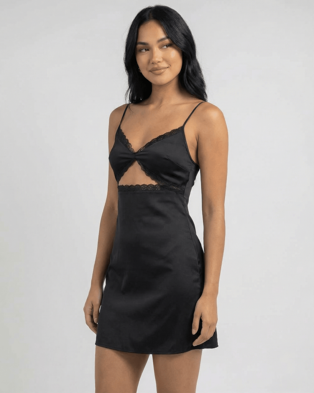Selene Mini Dress by Lauven featuring a lace-trimmed V-neckline and spaghetti straps in black satin fabric.