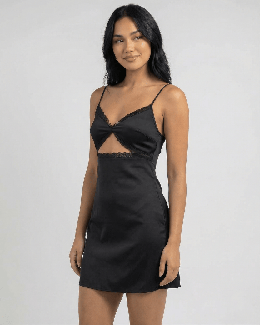 Selene Mini Dress by Lauven featuring a lace-trimmed V-neckline and spaghetti straps in black satin fabric.