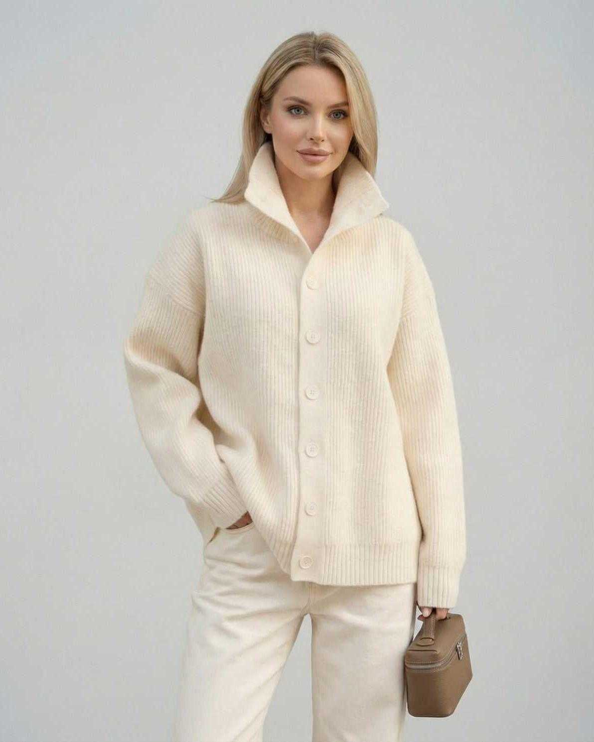 Selene Sweater by Lauven, women's ribbed turtleneck button-up sweater in soft cream color.
