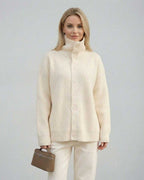 Selene Sweater by Lauven, ribbed turtleneck button-up women's sweater in a soft cream color.
