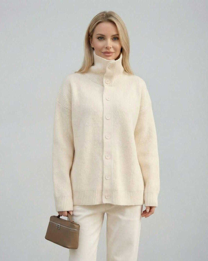 Selene Sweater by Lauven, ribbed turtleneck button-up women's sweater in a soft cream color.