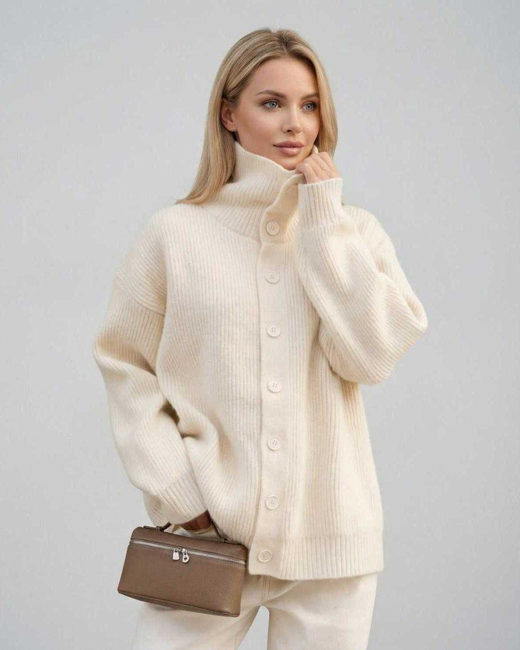 Selene Sweater by Lauven - Women’s ribbed turtleneck button-up sweater in soft cream color.