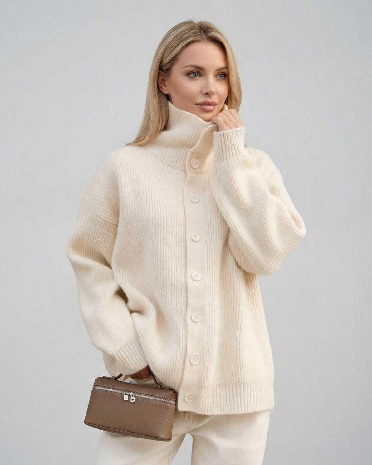 Selene Sweater by Lauven - Women’s ribbed turtleneck button-up sweater in soft cream color.