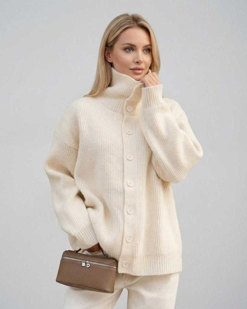 Selene Sweater by Lauven - Women’s ribbed turtleneck button-up sweater in soft cream color.