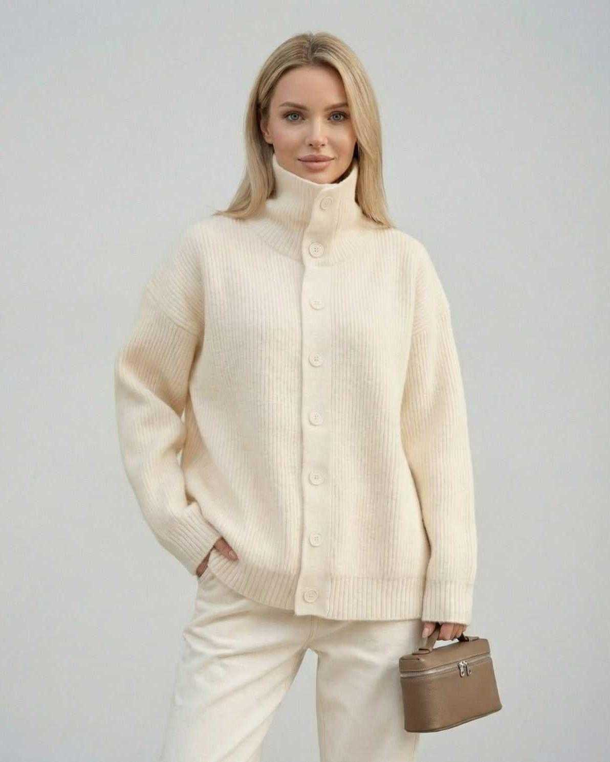 Selene Sweater by Lauven, a cozy women's ribbed turtleneck button-up in a soft cream hue.