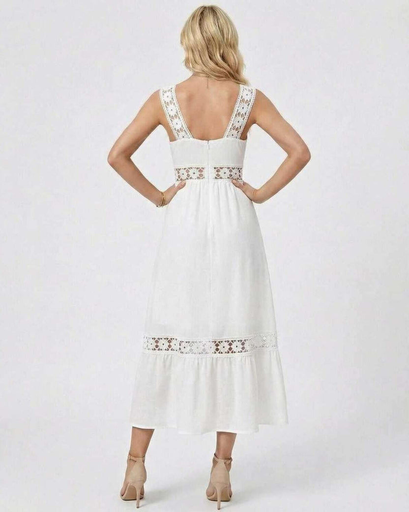 Seren Midi Dress by Lauven, showcasing the elegant back view with lace insets and a classic silhouette.