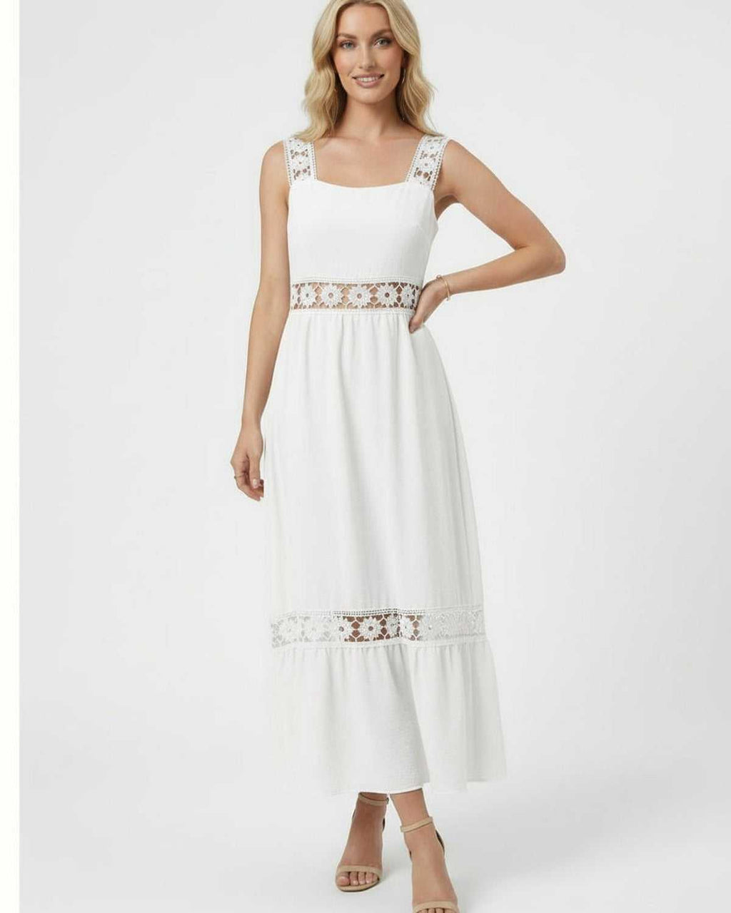 Seren Midi Dress by Lauven featuring delicate lace insets, showcasing timeless elegance and modern charm.