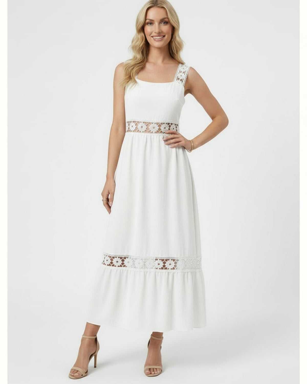 Seren Midi Dress by Lauven featuring delicate lace insets, perfect for elegant spring and summer events.