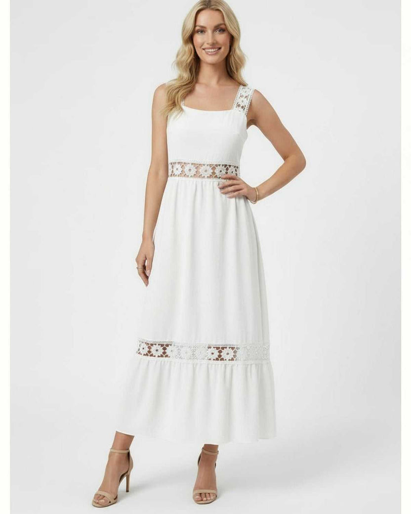 Seren Midi Dress by Lauven featuring delicate lace insets, perfect for elegant spring and summer events.