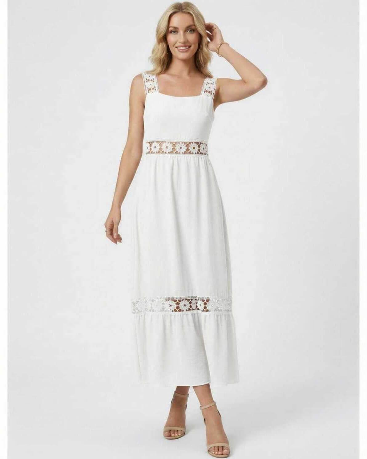 Seren Midi Dress by Lauven featuring delicate lace insets and a sleeveless square neck design, ideal for spring and summer events.