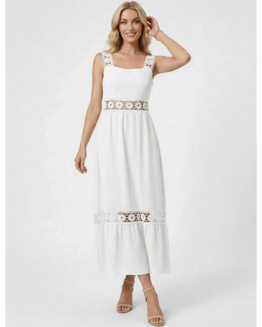Seren Midi Dress by Lauven featuring delicate lace insets and a sleeveless square neck design, ideal for spring and summer events.