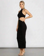 Seren Midi Dress by Lauven - Elegant black halter neck bodycon design showcasing a cut out at the waist, perfect for special occasions.