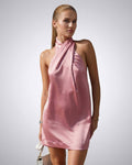 Seren Mini Dress by Lauven in soft pink satin with a halter neckline, perfect for spring and summer looks.
